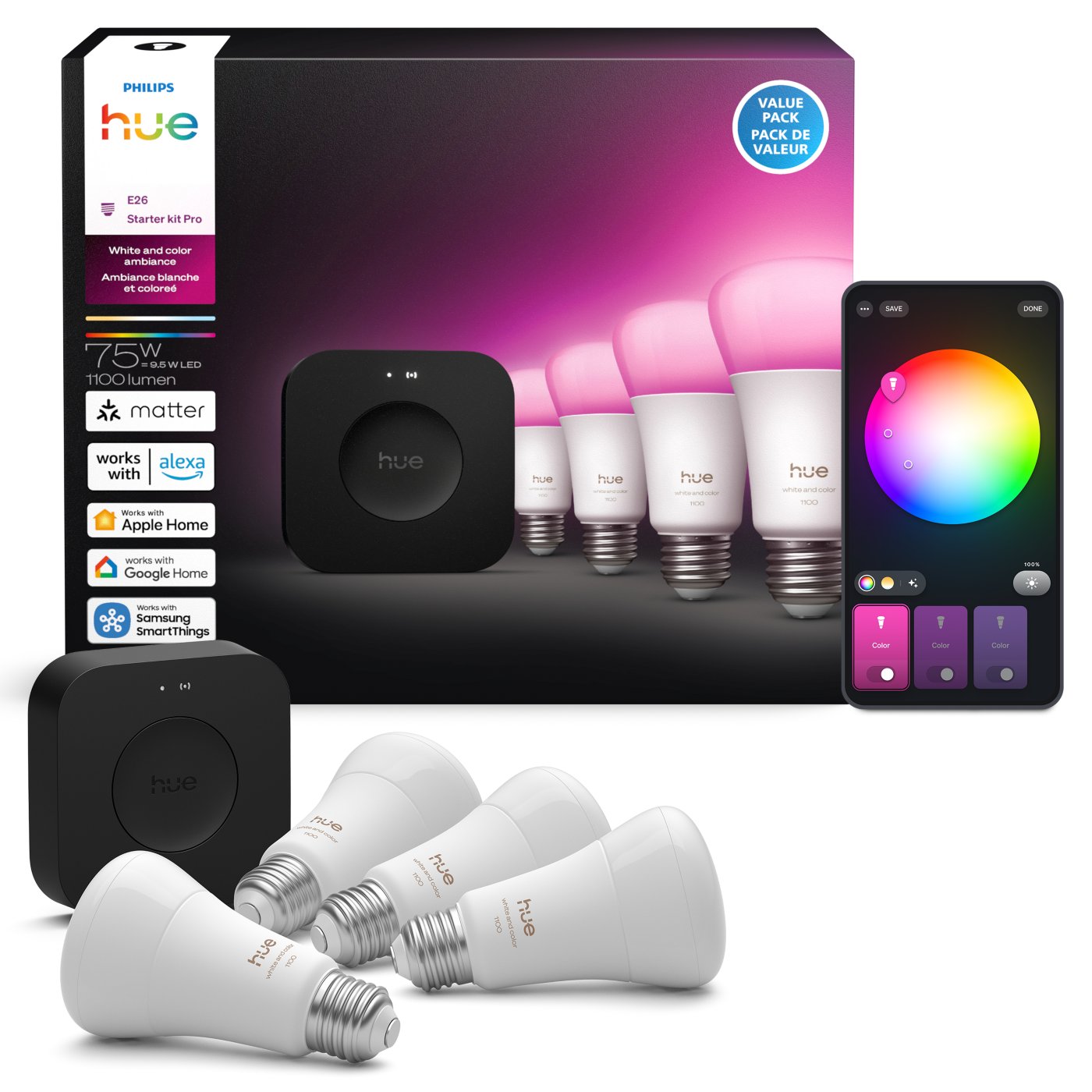 The US kit, retail packaging and app illustration. Image: Signify / Philips Hue.